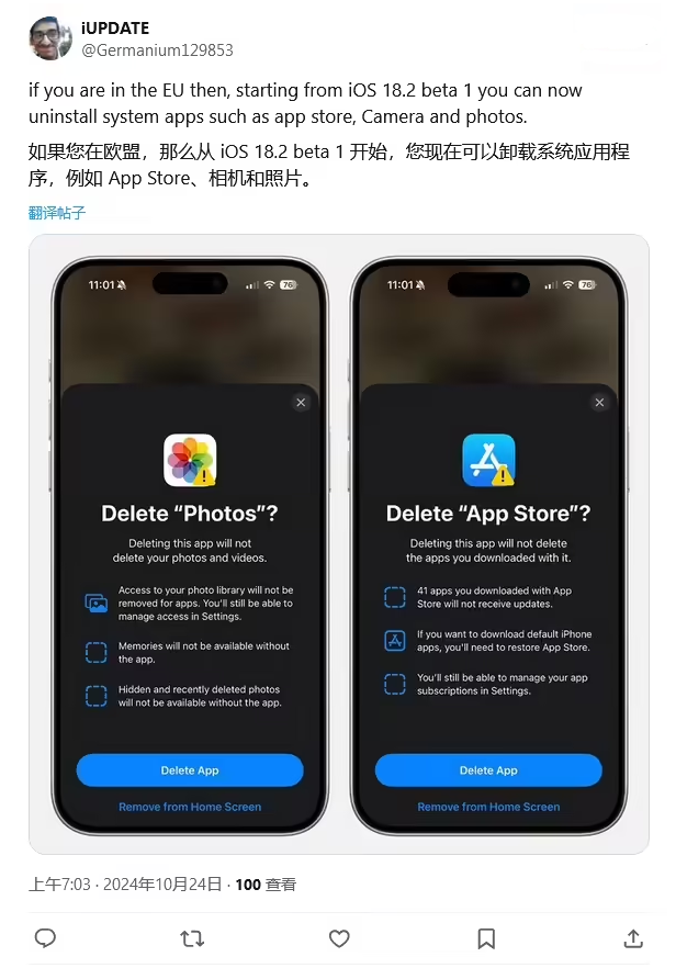 荔波苹果手机维修分享iOS 18.2 支持删除 App Store 应用商店 