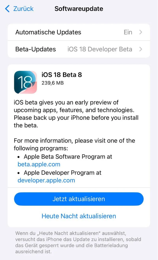 荔波苹果手机维修分享苹果 iOS / iPadOS 18 开发者预览版 Beta 8 发布 